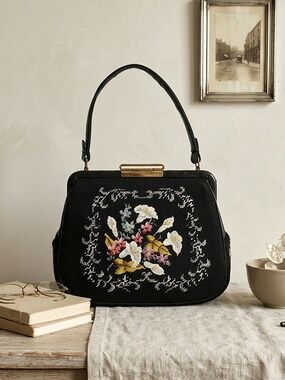 Vintage 1950s Black Needlepoint Handbag – Floral Tapestry Top Handle Purse.